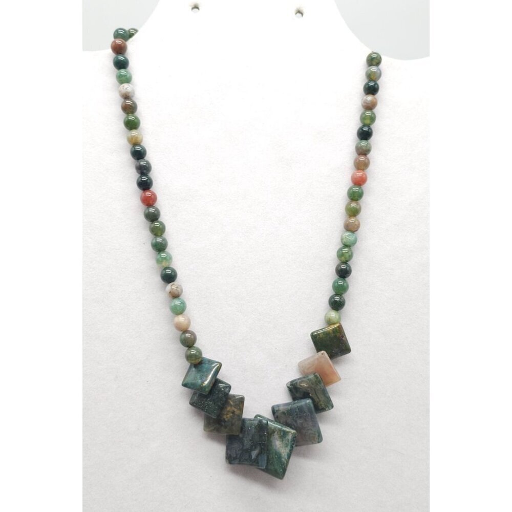 Natural Jasper Agate Gemstone Beaded Necklace With Geometric Square Accents